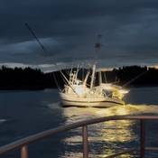 Le bateau de pêche sur l’eau la nuit éclairé vivement par le projecteur du navire de patrouille Inkster de la GRC après qu’il a refusé de s’arrêter pour la police