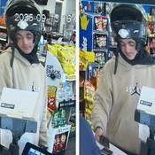 Two images, both show the unknown male motorcycle operator at the cash register of a gas station. The male’s face is visible, and is clean shaven. He is wearing a black full-face helmet pushed up and resting on top of his head. The man is seen wearing a light brown/cream coloured “Jordan” hoodie. He appears to be wearing a second black hoodie underneath.