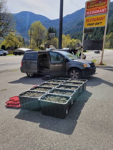 Ten storage containers full of cannabis sit in front of a minivan while BC Highway Patrol officers investigate. The driver was arrested and faces Cannabis Act charges