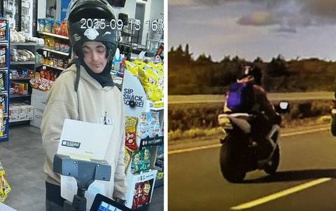 Two images - On the left: the unknown male standing at a cash register. On the right: A white motorcycle on the highway.