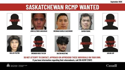 A picture with the title Saskatchewan RCMP Wanted shows 10 smaller picture of the heads of 10 wanted persons