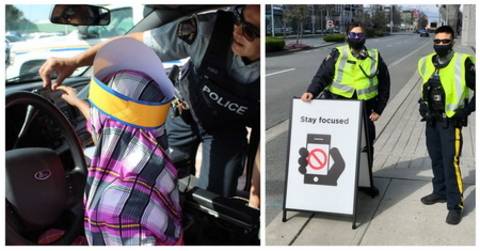 A photo of a child checking out a police car, and another photo of police officers standing by a road with a sign that says 'Stay Focused'