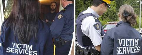 Victim Services Worker and RCMP police officer speaking to man at a doorway.