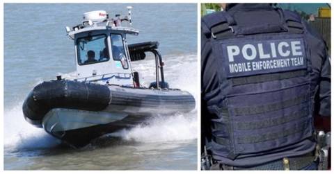 RCMP boat and an officer wearing a vest labeled 'Police: Mobile Enforcement Team'